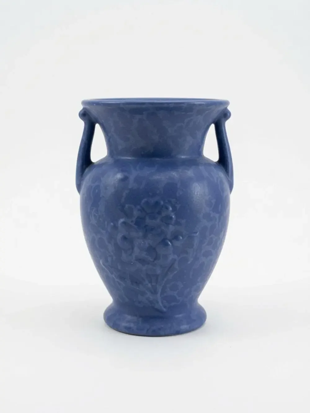 Vintage Red Wing Pottery #858 Double Handle Blue Speckled Vase Floral Relief USA